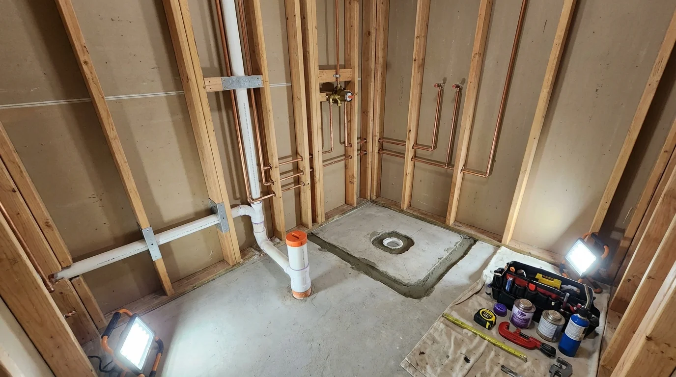 Bathroom rough-in plumbing during remodel by Johns Plumbing LLC in Cabazon