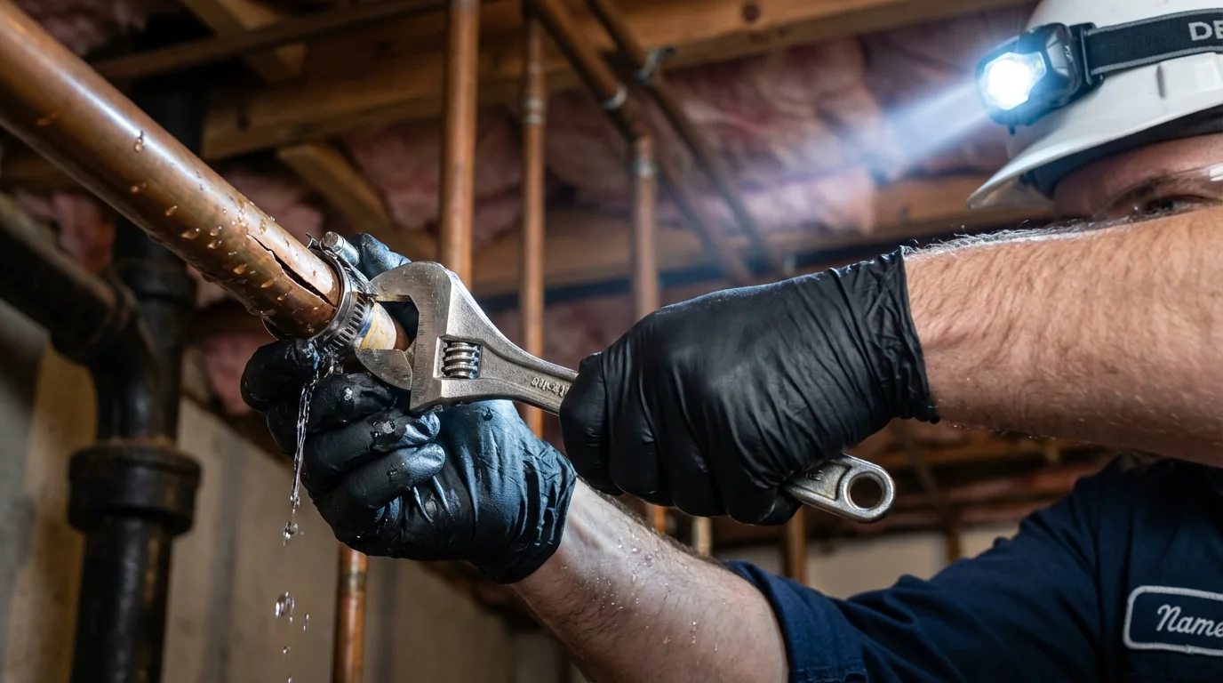 Emergency pipe clamp repair being performed by a Johns Plumbing LLC plumber in Cabazon