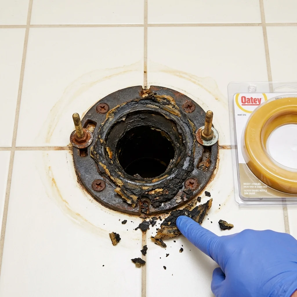 Failed wax ring showing water seepage at the base of a toilet in a Cabazon, CA home