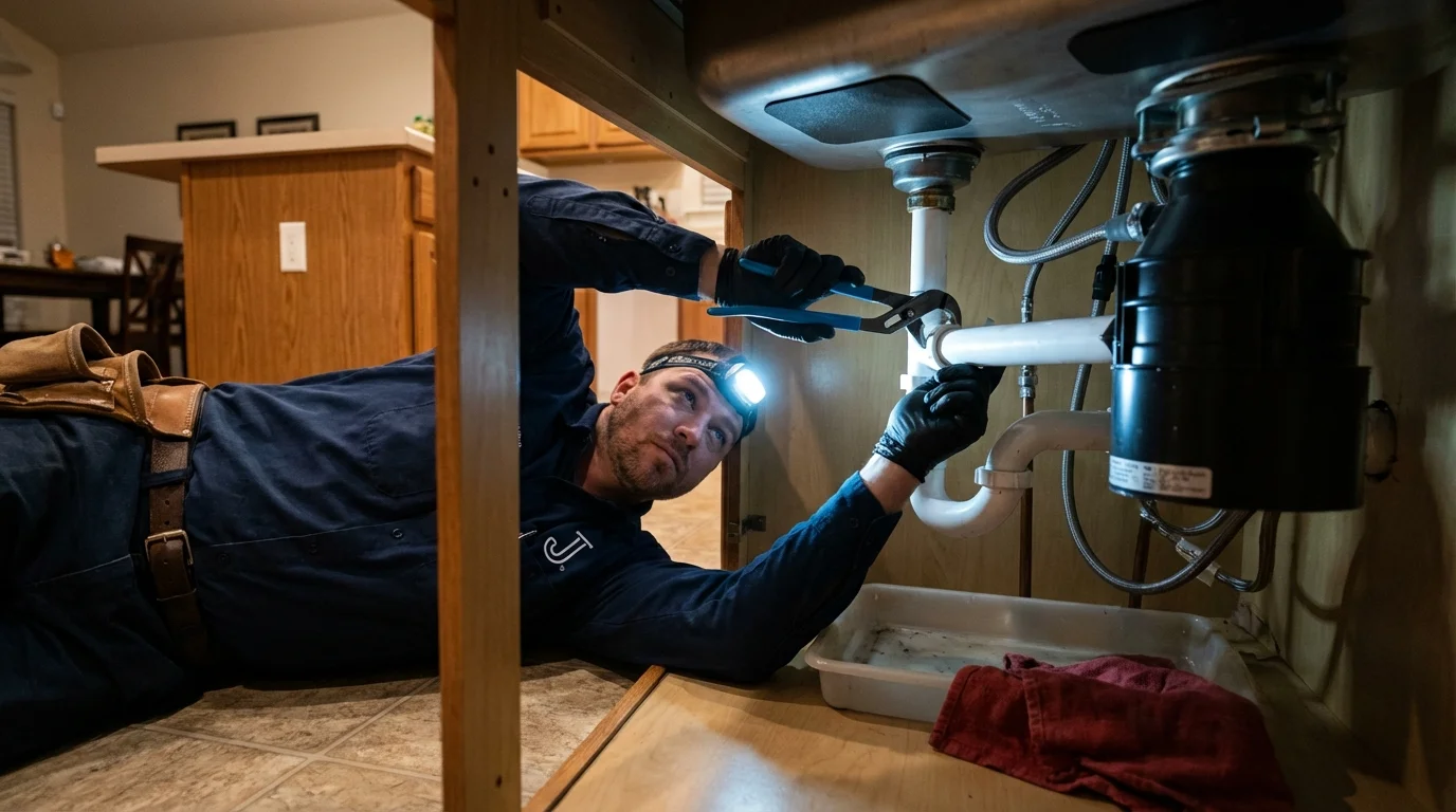 P-trap and supply line connections under a kitchen sink showing a common leak point in Cabazon, CA